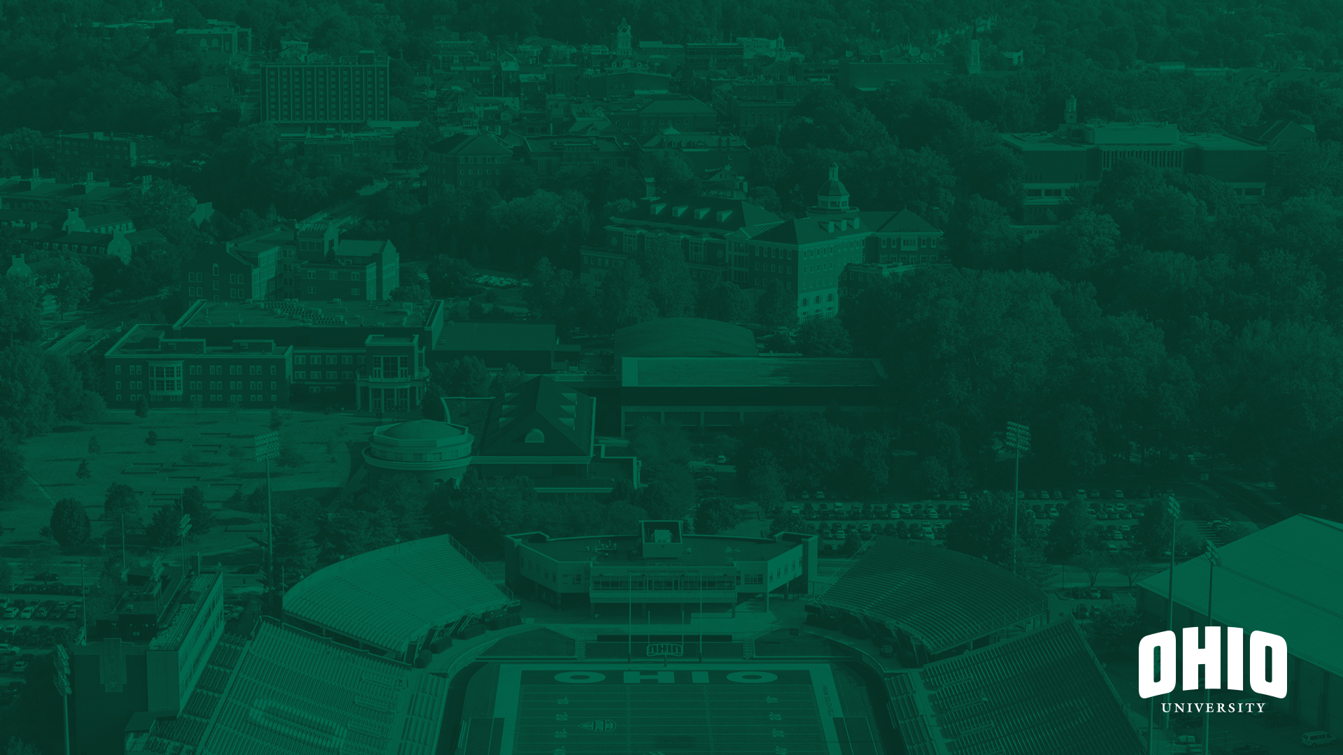 Aerial photograph with a green overlay overlooking Peden Stadium